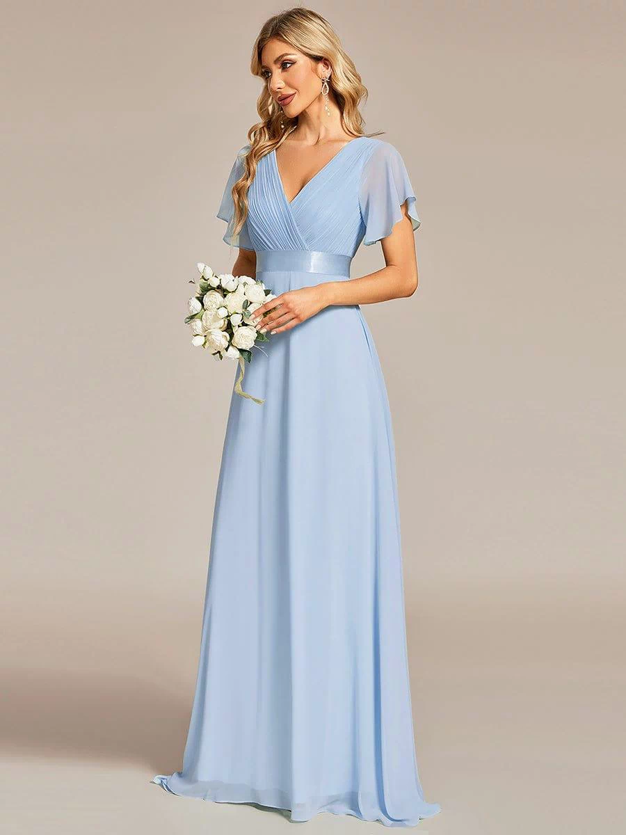 Long Empire Waist Evening Dress with Short Flutter Sleeves #color_Ice Blue