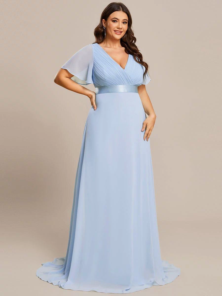 Long Empire Waist Evening Dress with Short Flutter Sleeves #color_Ice Blue