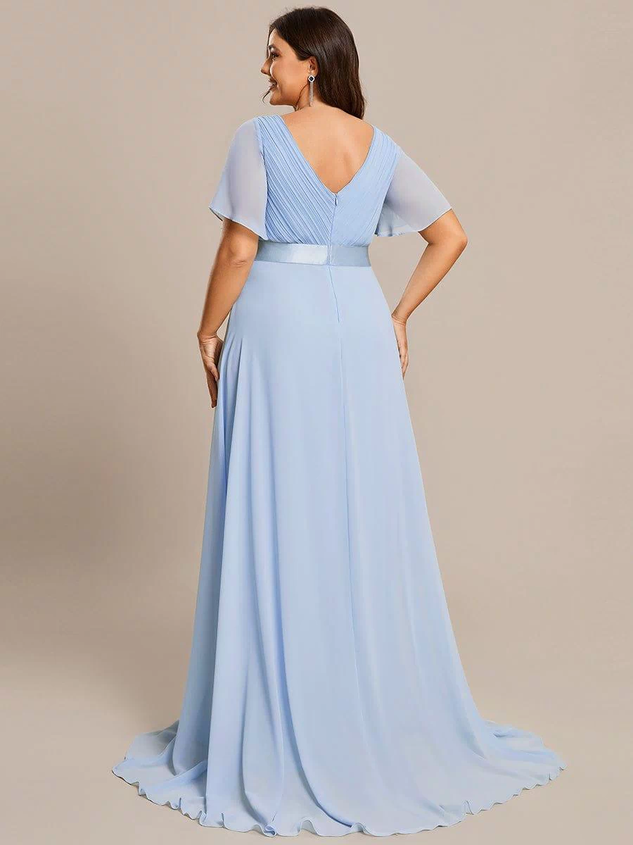 Long Empire Waist Evening Dress with Short Flutter Sleeves #color_Ice Blue
