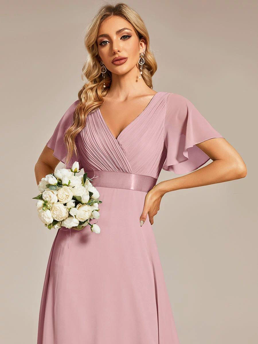 Long Empire Waist Evening Dress with Short Flutter Sleeves #color_Dusty Rose
