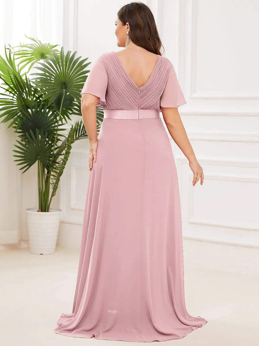 Long Empire Waist Evening Dress with Short Flutter Sleeves #color_Dusty Rose