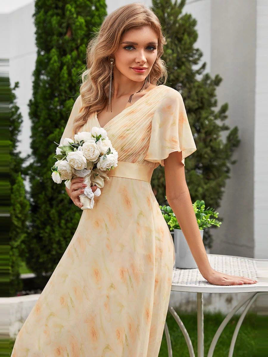 Long Empire Waist Evening Dress with Short Flutter Sleeves #color_Golden Roses
