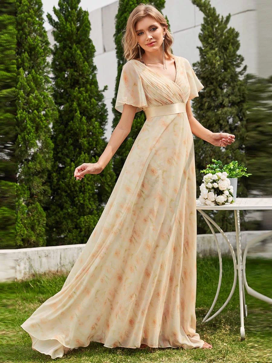 Long Empire Waist Evening Dress with Short Flutter Sleeves #color_Golden Roses