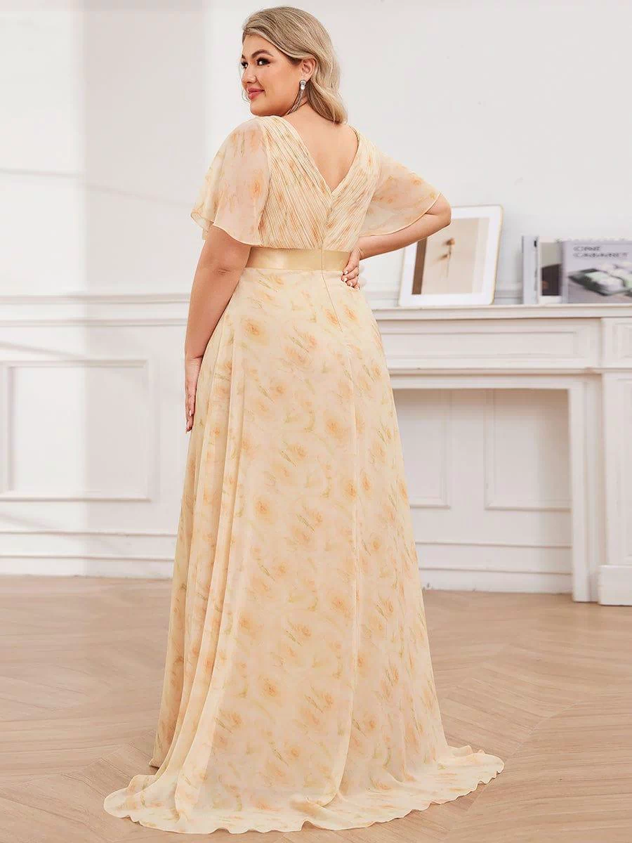 Long Empire Waist Evening Dress with Short Flutter Sleeves #color_Golden Roses