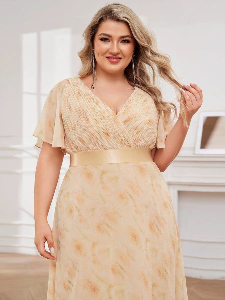 Long Empire Waist Evening Dress with Short Flutter Sleeves #color_Golden Roses