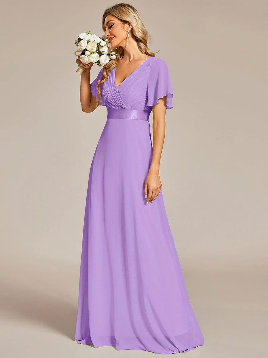 Long Empire Waist Evening Dress with Short Flutter Sleeves #color_Lavender