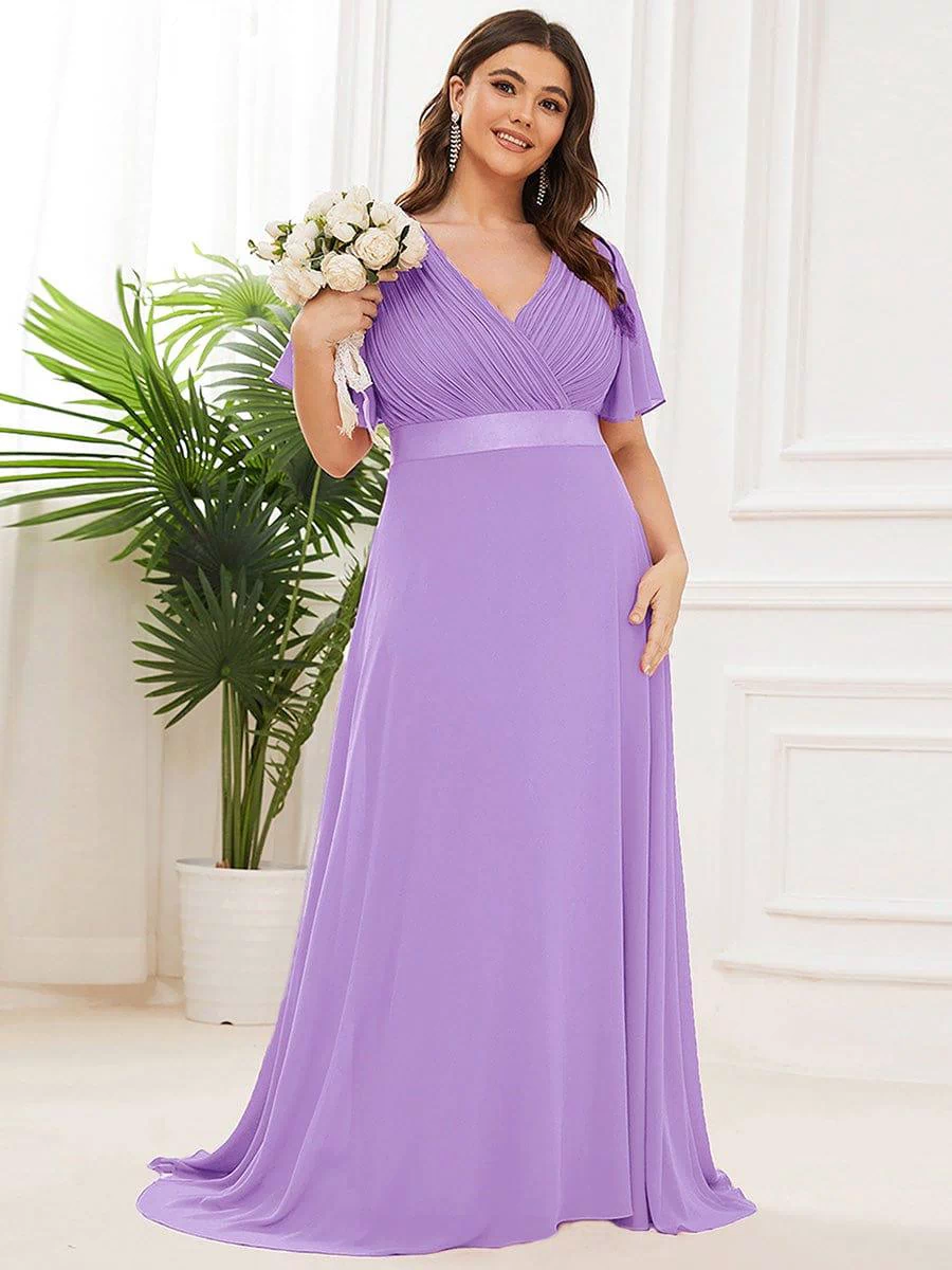 Long Empire Waist Evening Dress with Short Flutter Sleeves #color_Lavender