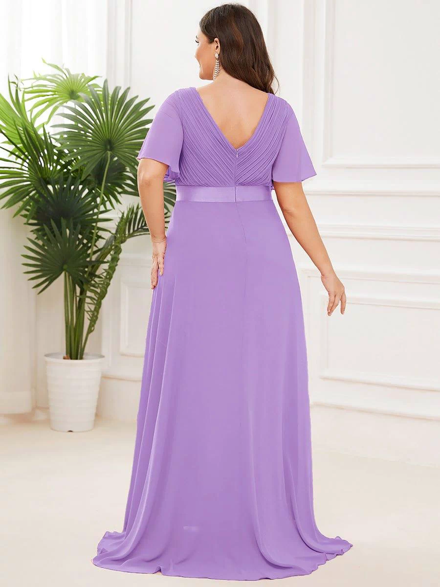 Long Empire Waist Evening Dress with Short Flutter Sleeves #color_Lavender