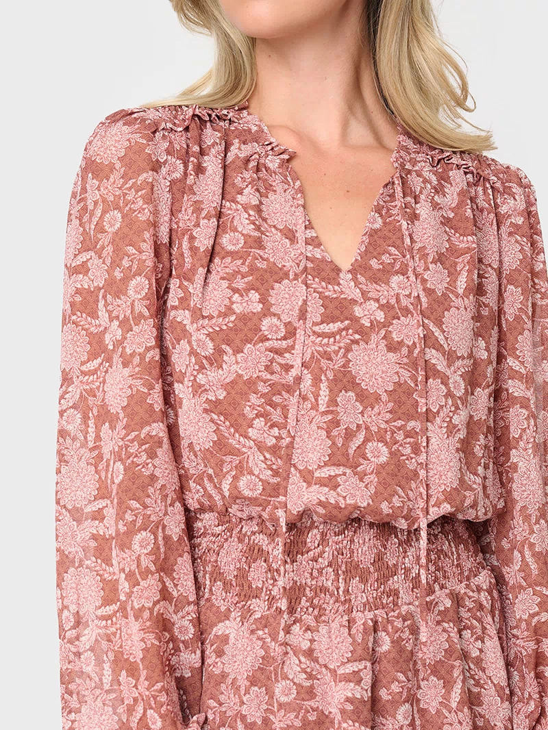 Detail of Woman modeling Long Sleeve Smocked Detail Dress in Burgundy Floral Scroll boho Print 