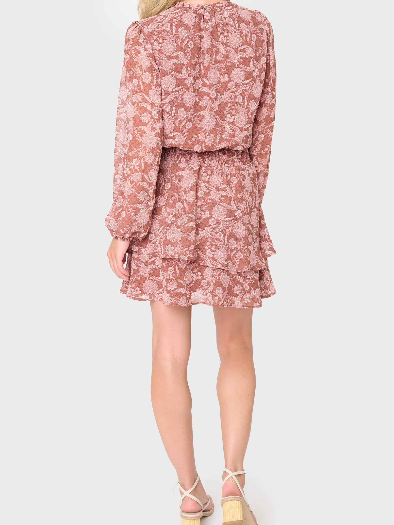 Back of Woman modeling Long Sleeve Smocked Detail Dress in Burgundy Floral Scroll Print styled business casual
