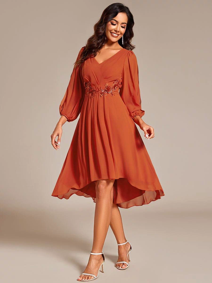 ever AELINA|Long Sleeves Waist Applique A-Line Midi Chiffon Wedding Guest Dress