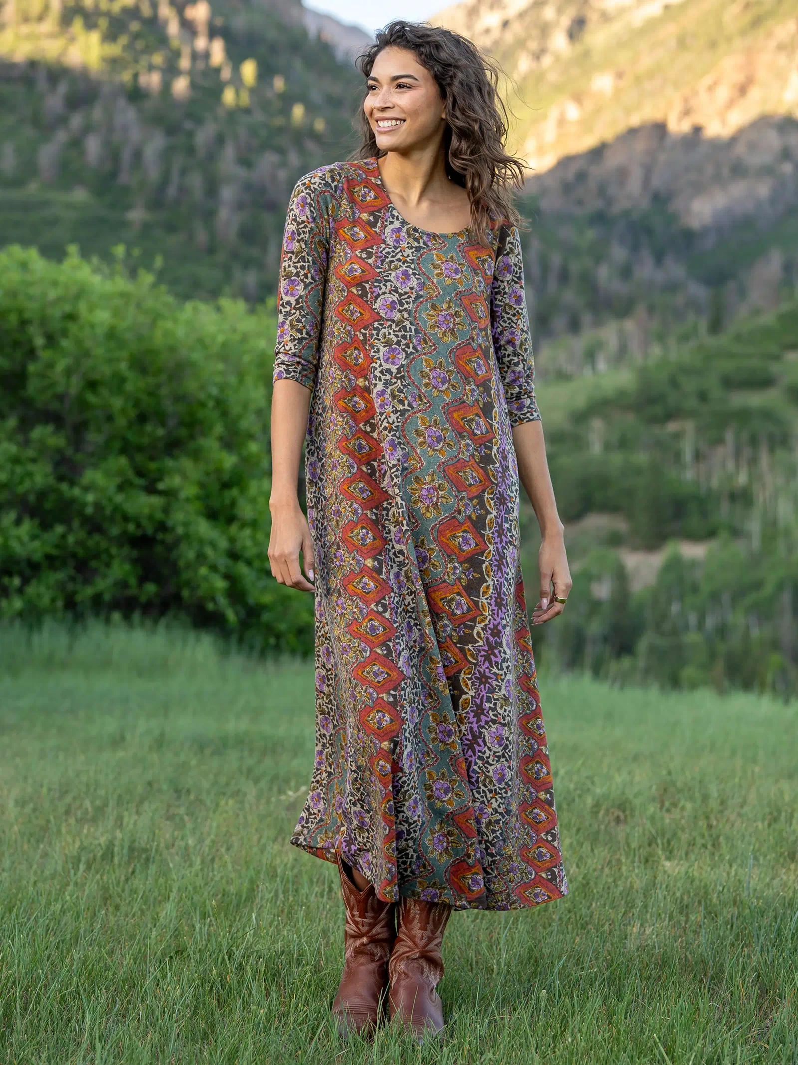 Lottie Sweater Knit Maxi Dress - Brown Tuscany Border