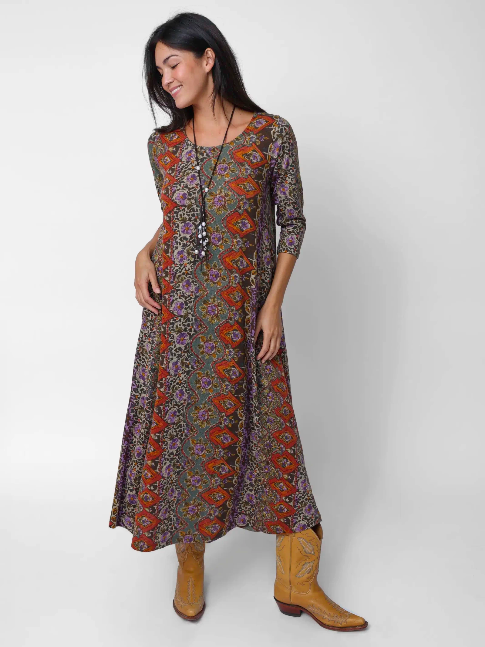 Lottie Sweater Knit Maxi Dress - Brown Tuscany Border-view 2