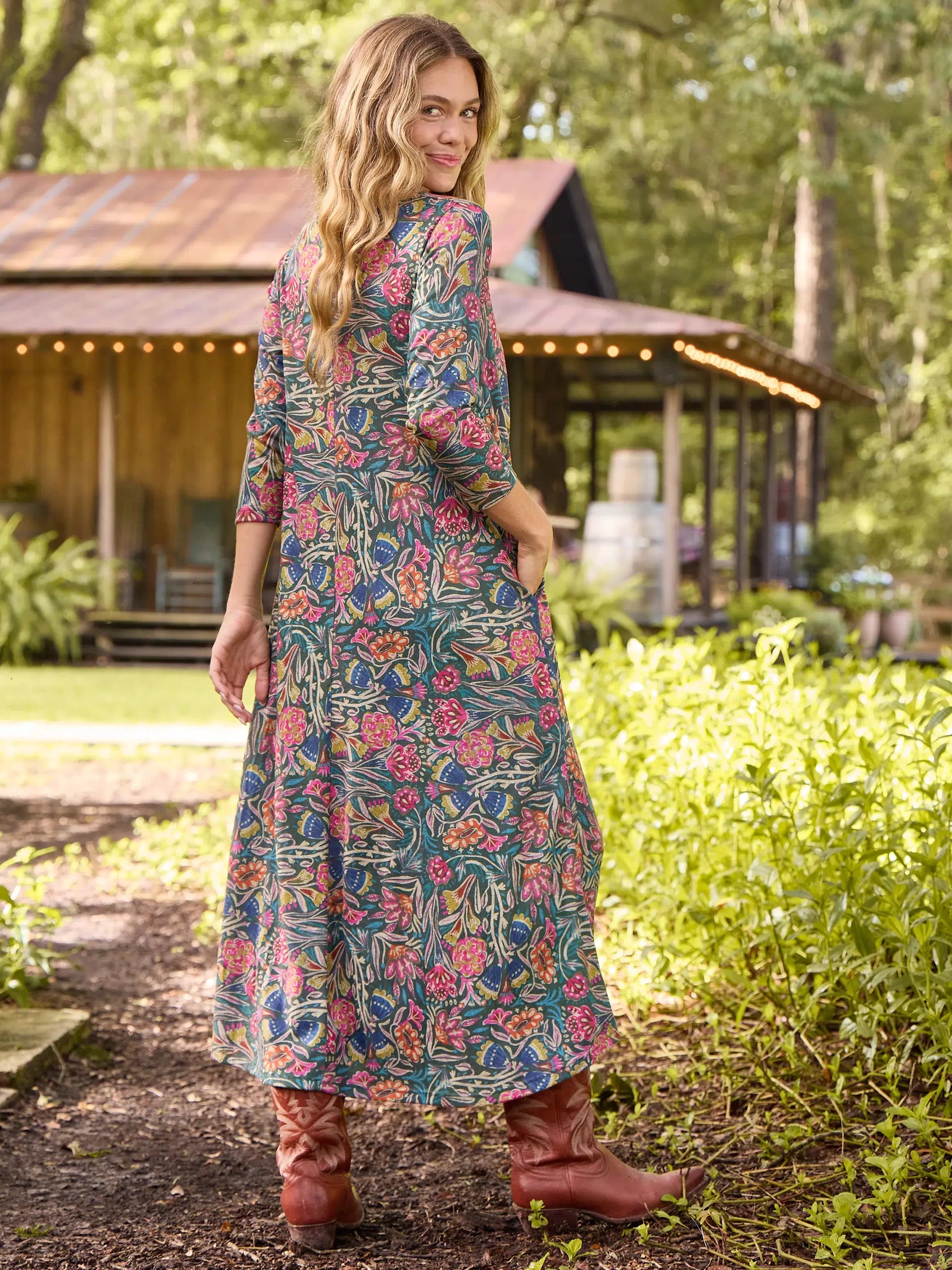 Lottie Sweater Knit Maxi Dress - Green Painterly Vines-view 4