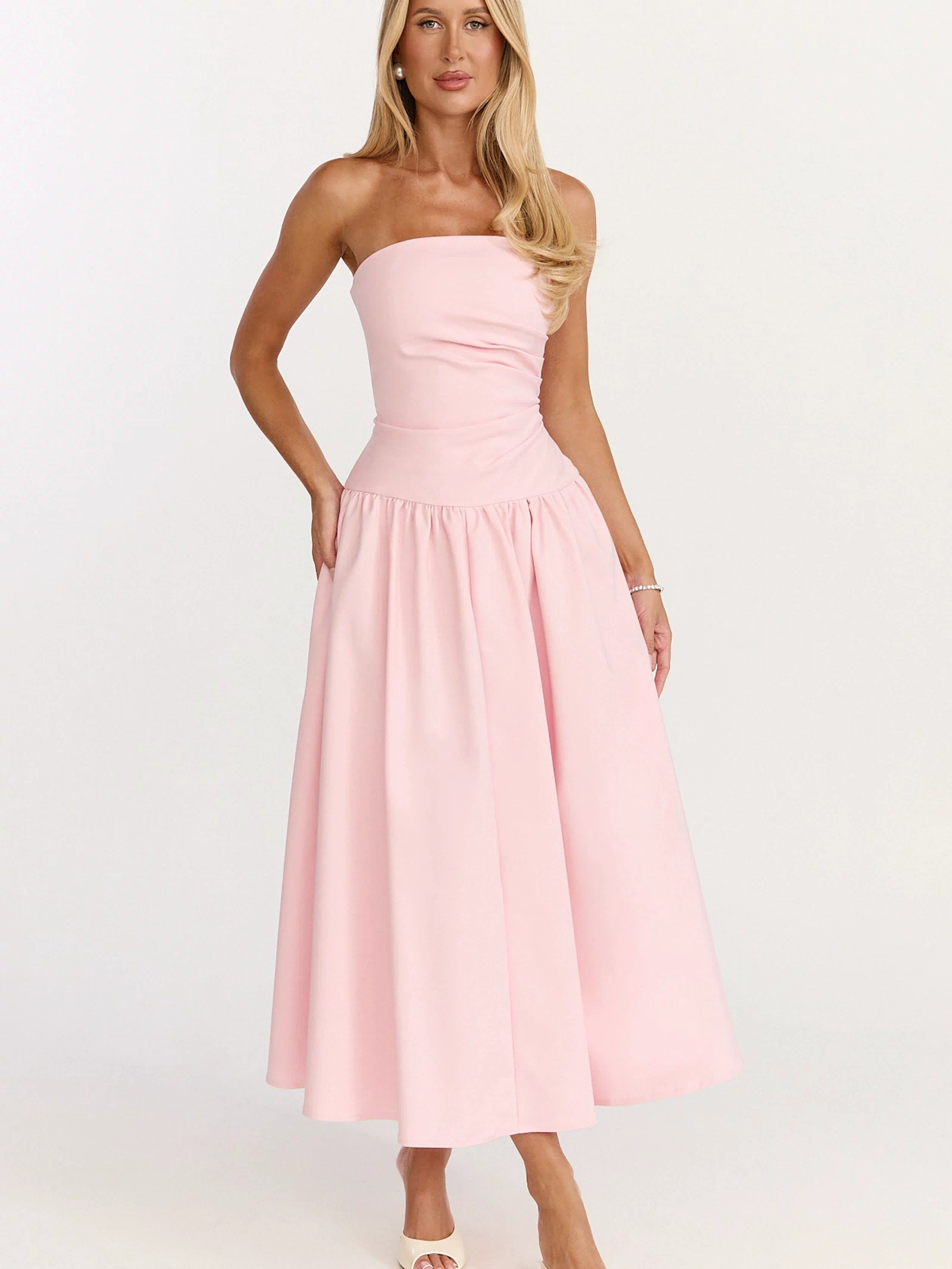 Louisa Midi Dress - Strapless Side Ruched Dropped Waist Fit And Flare Dress in Pink