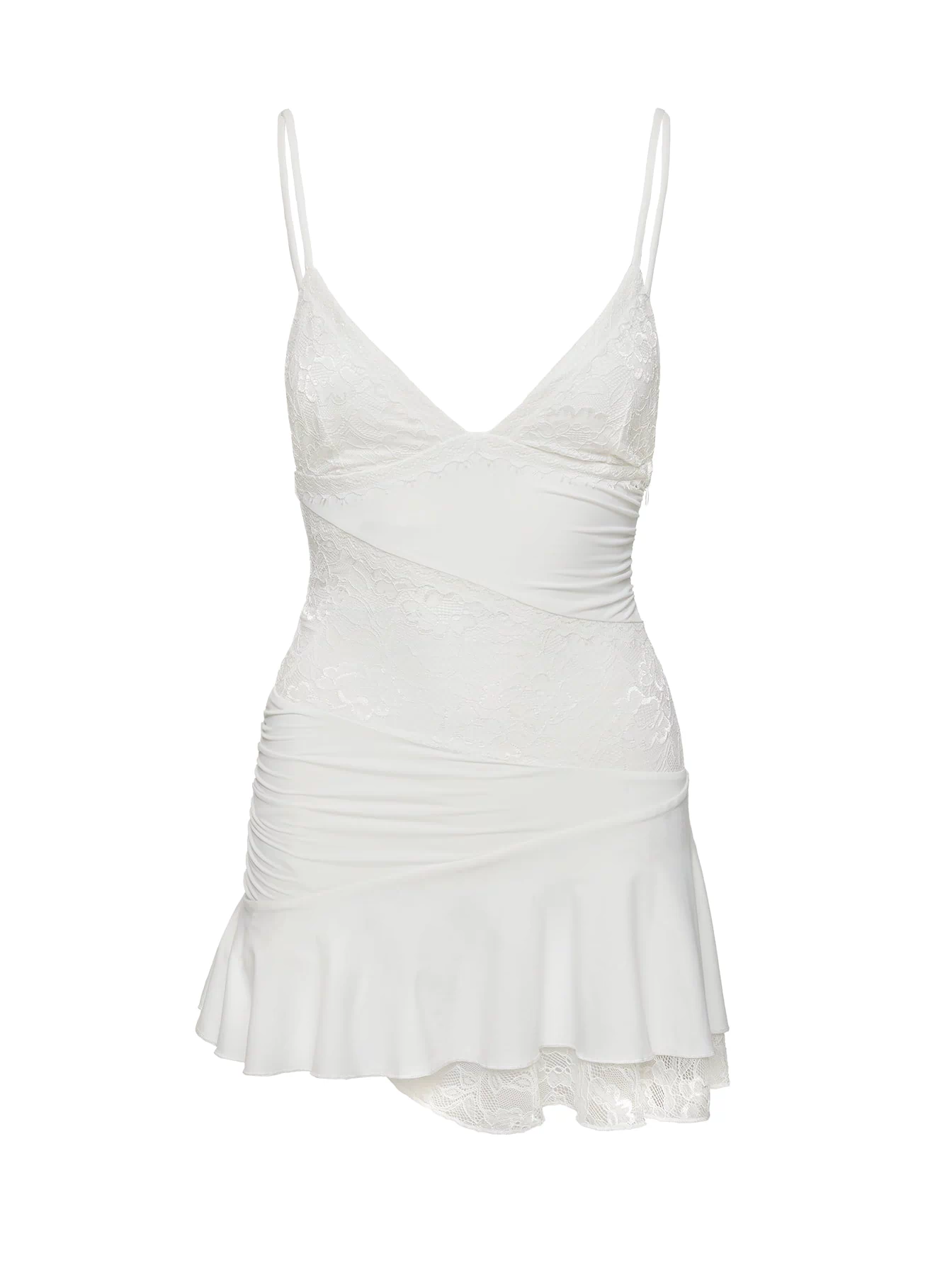 back view of model wearing Princess Polly Love Is Alive Lace Mini Dress White Plunger 