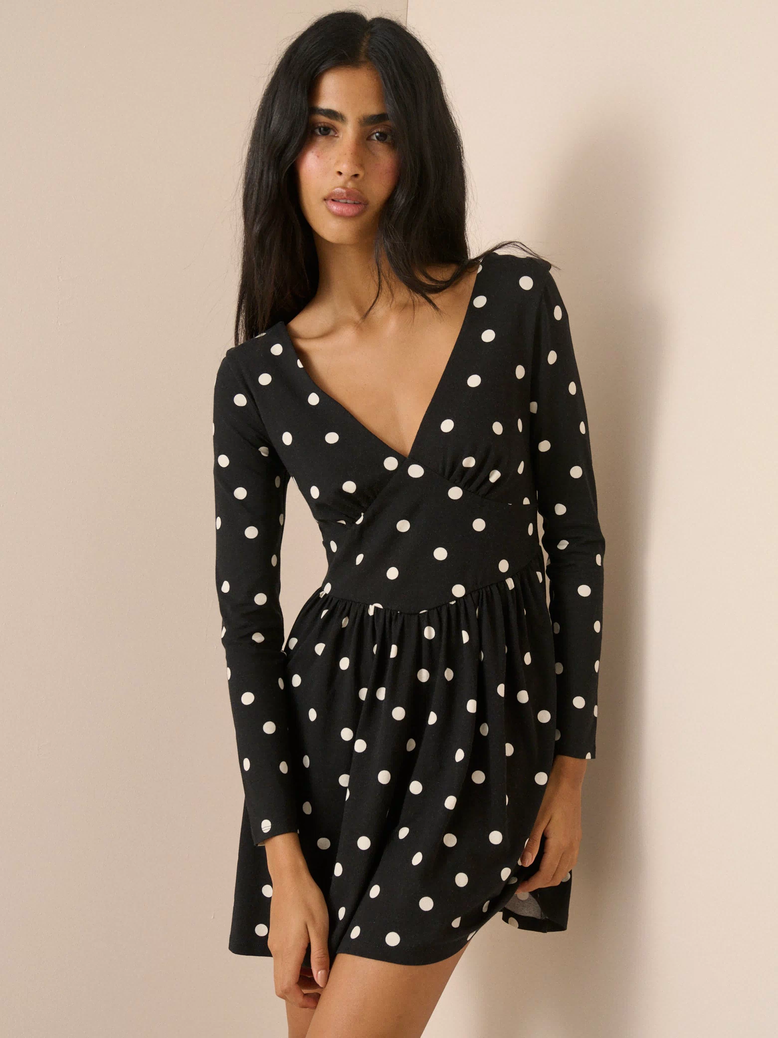 Black Polka Dot Jersey Long Sleeve Addison Midi Dress