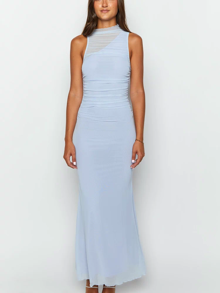 Front view of a lilac ribbed maxi dress with a high neck and sheer mesh one-shoulder detail, featuring ruched sides