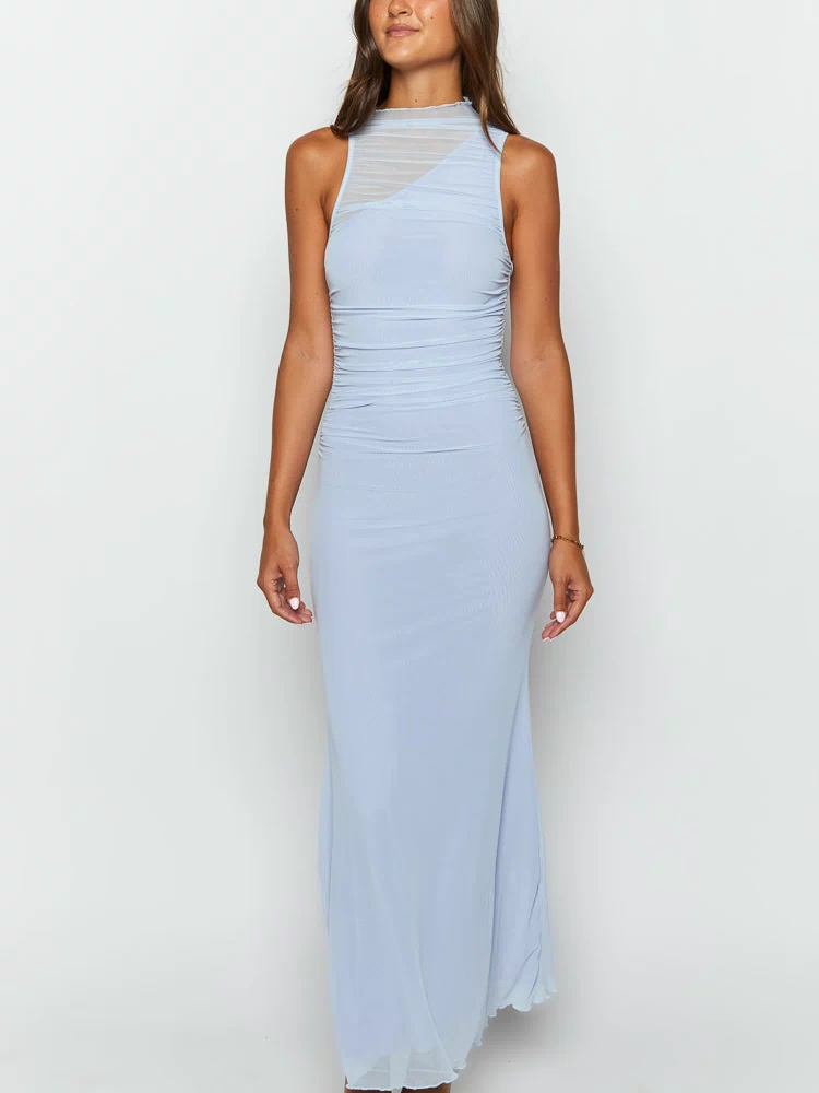 Front view of a lilac maxi dress with a sheer mesh high neck and ruched fitted bodice