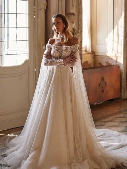 Modern Modest Off-the-Shoulder Long Sleevess Long Lace Wedding Dresses Online Beadings