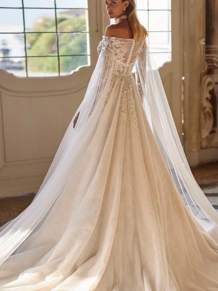 Modern Modest Off-the-Shoulder Long Sleevess Long Lace Wedding Dresses Online Beadings-Ballbella