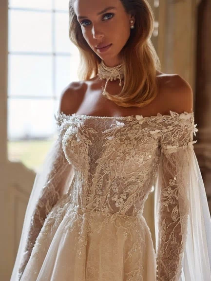 Modern Modest Off-the-Shoulder Long Sleevess Long Lace Wedding Dresses Online Beadings-Ballbella