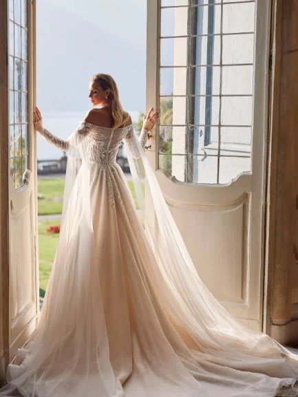 Modern Modest Off-the-Shoulder Long Sleevess Long Lace Wedding Dresses Online Beadings-Ballbella