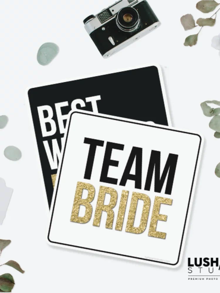 set of wedding-themed photo booth props wedding glam photo booth prop signs classy black white gold bridal photo booth prop signs