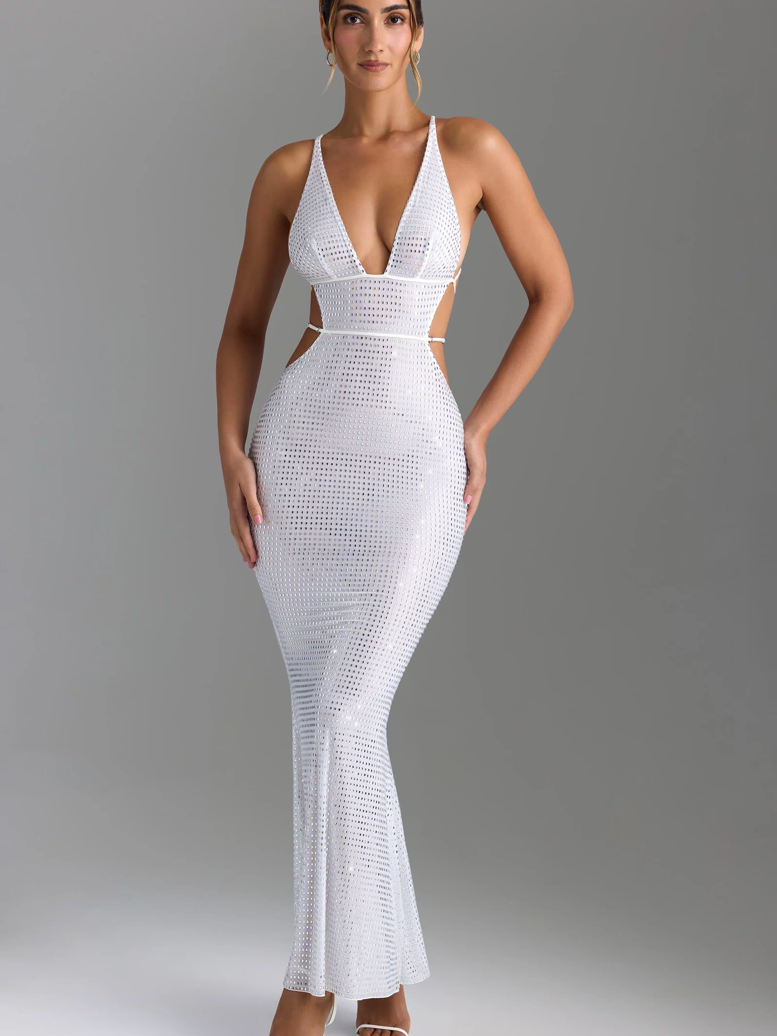 Embellished Cut-Out Backless Maxi Dress in White