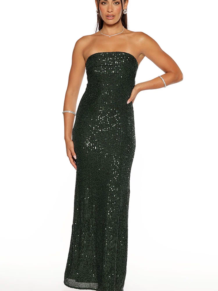 Full length view of an emerald green sequin strapless maxi dress with a fitted column silhouette