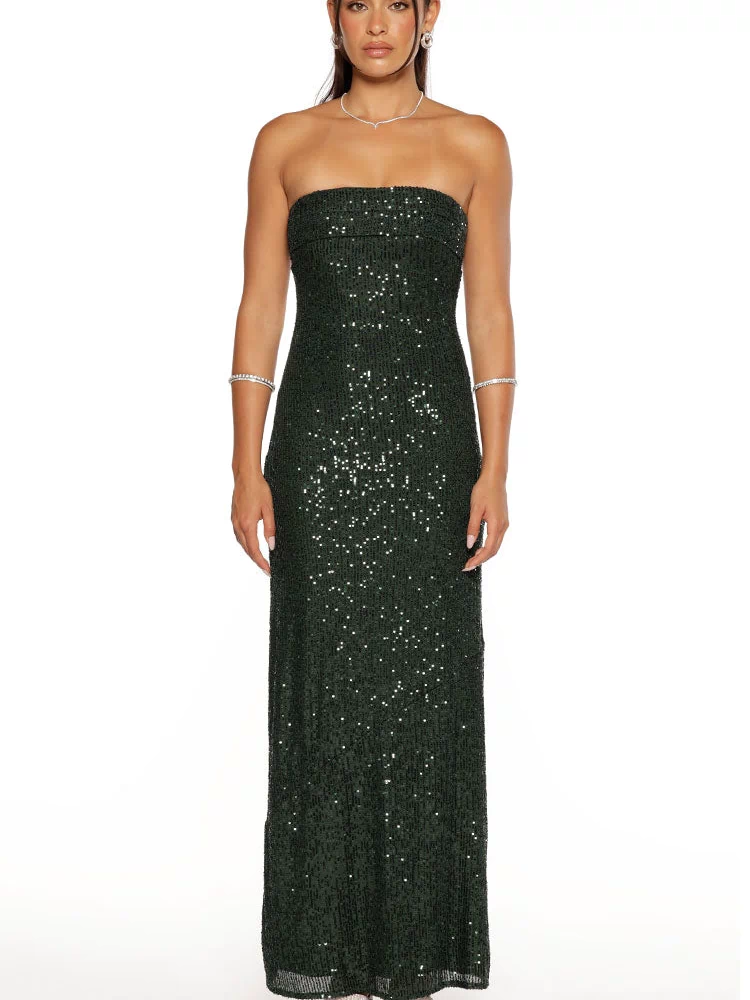 Full front view of an emerald green sequin strapless maxi dress with a straight silhouette