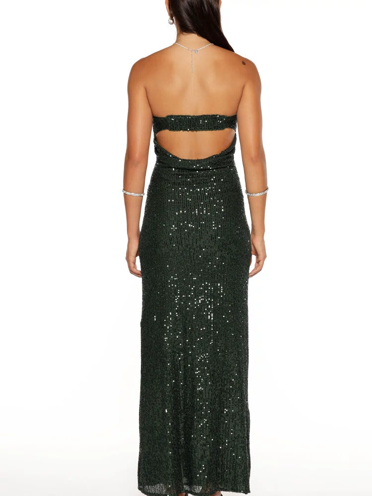 Rear view of an emerald green sequin maxi dress with a strapless neckline and back cutouts