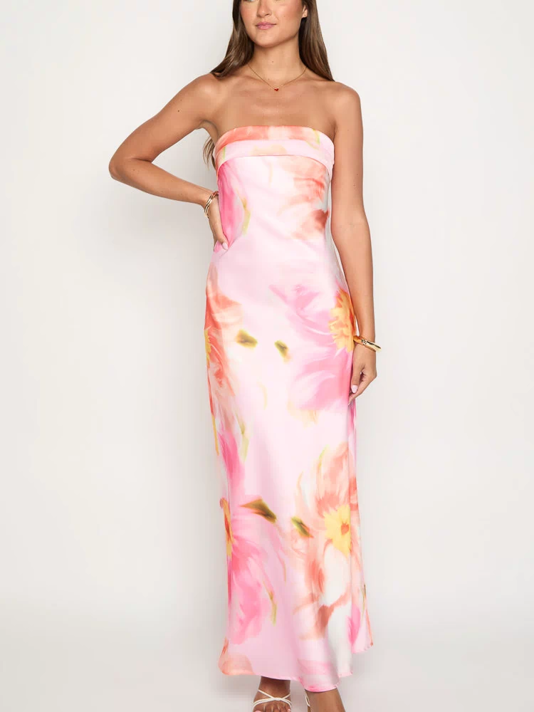 Pink floral print strapless maxi dress with a straight neckline and a long, fluid silhouette