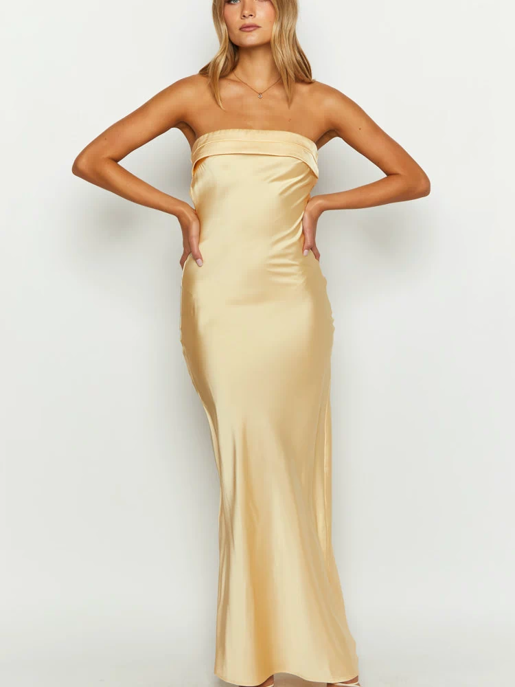 Yellow satin strapless maxi dress with a folded band neckline and a fitted silhouette