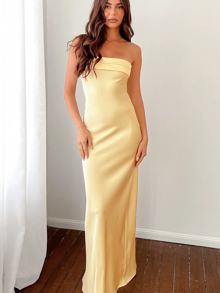 Beginning Boutique Maiah Yellow Maxi Dress yellow satin strapless maxi dress with folded bust detail and fitted silhouette