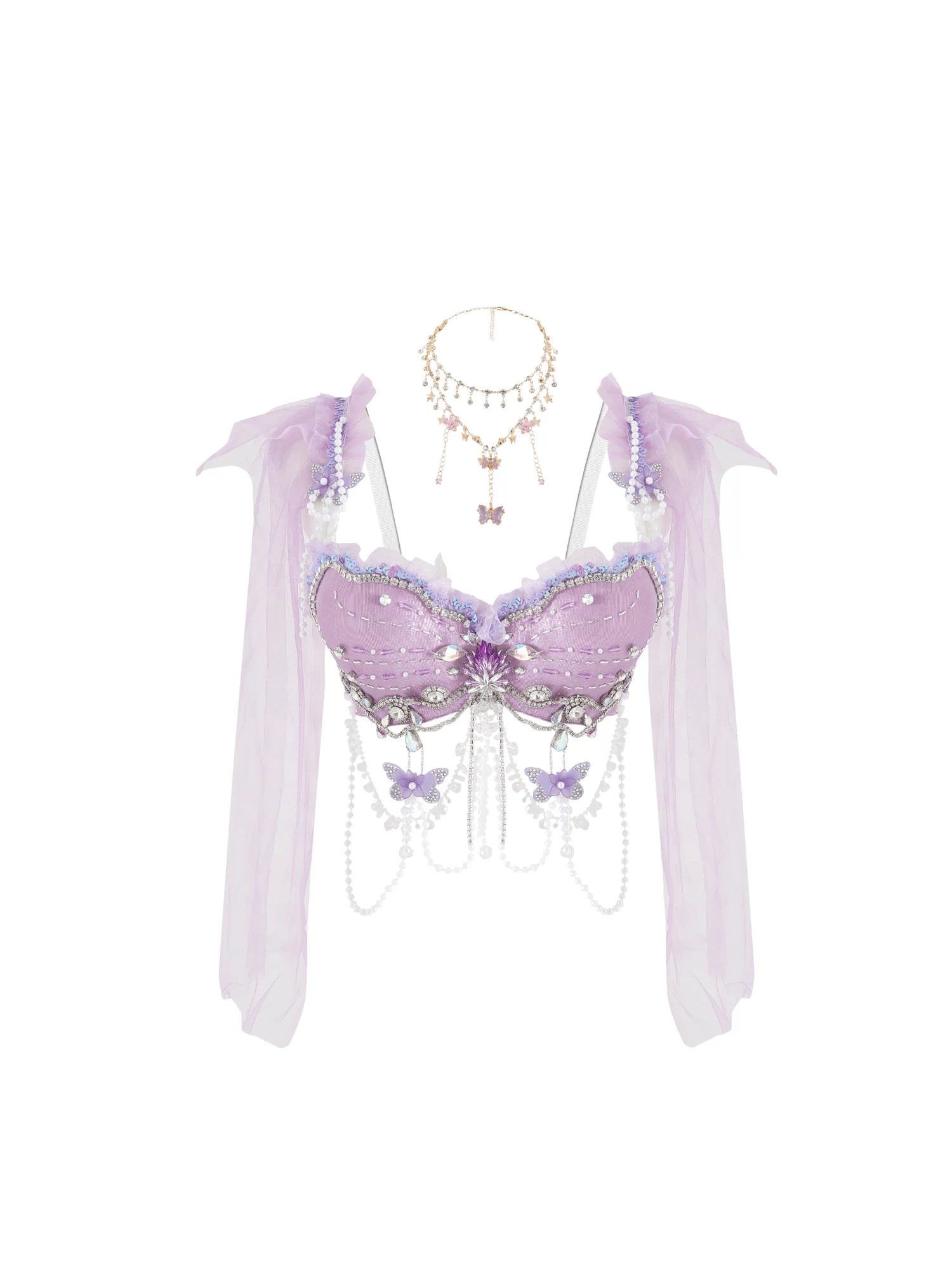 The Maribel - Top is a handcrafted lavender festival top with sheer long sleeves, pearl and rhinestone details, butterfly appliqué on lilac tulle, and pairs perfectly with a layered gold butterfly charm necklace.