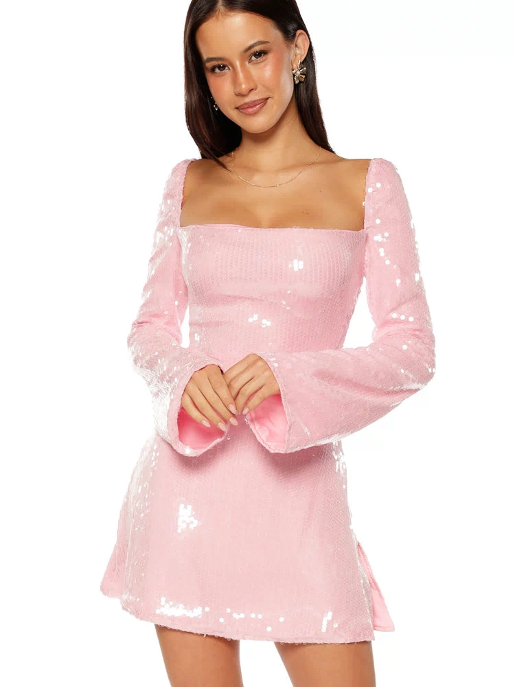 Fitted light pink sequin mini dress with a square neckline and long flared bell sleeves