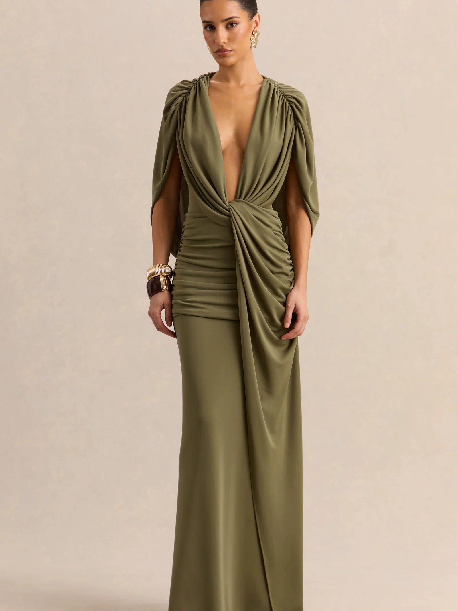 Marisea | Green Plunge-Neck Maxi Dress With Cape-Sleeves
