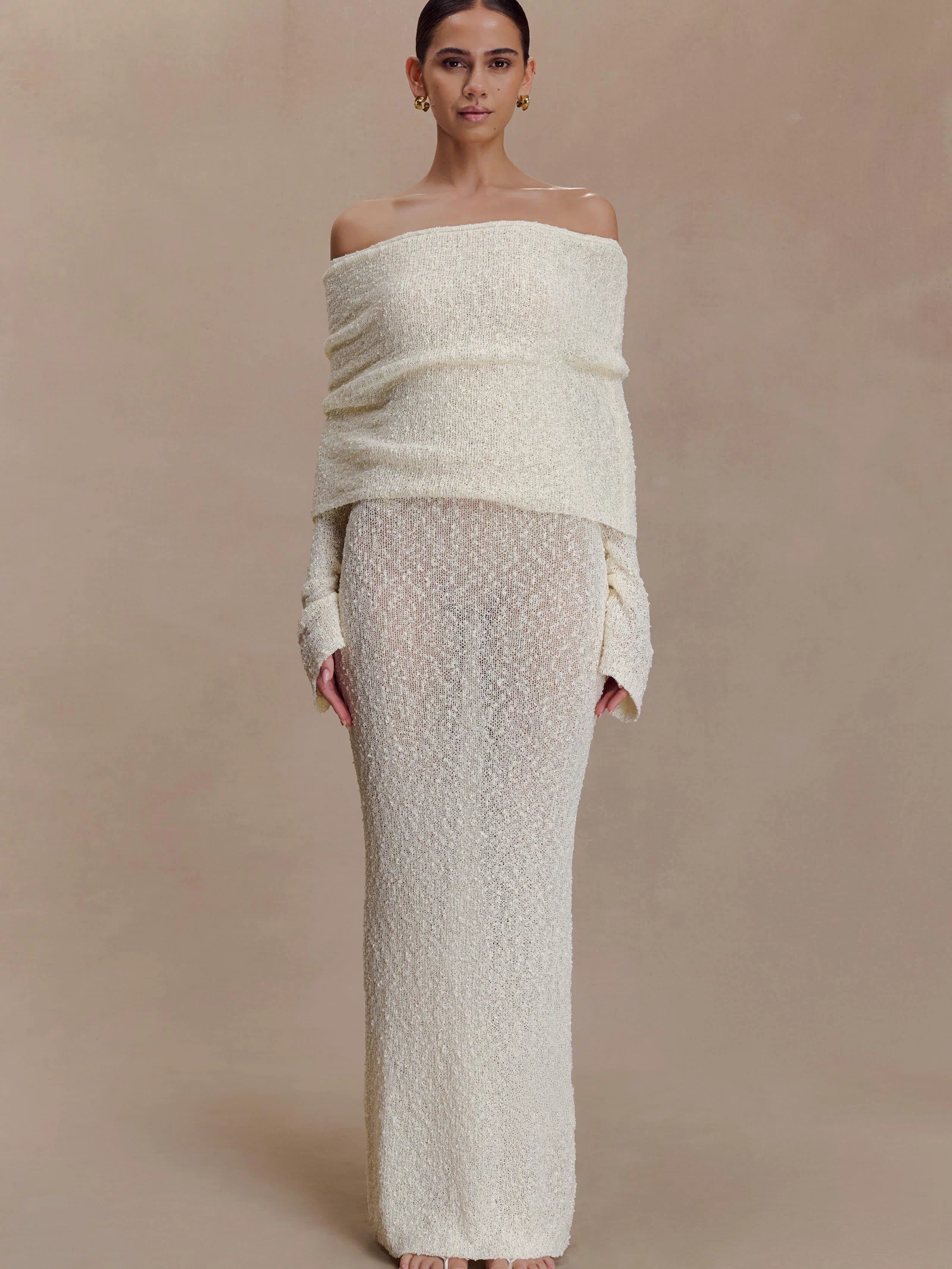 Marisol Off Shoulder Boucle Maxi Dress - Ivory