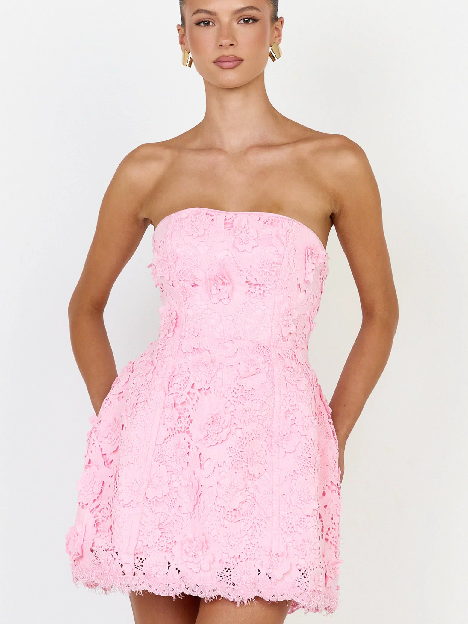 Maristella Mini Dress - Strapless Lace Up Back A Line Dress in Pink