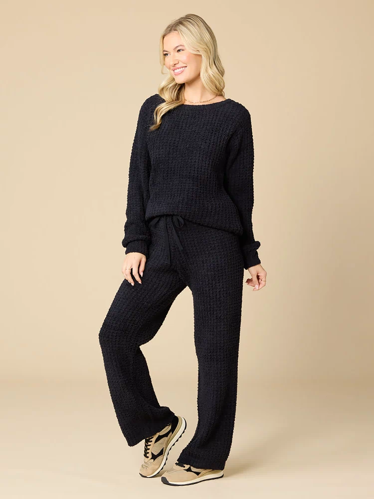 Waffle Marshmallow Boatneck Lounge Set in Black