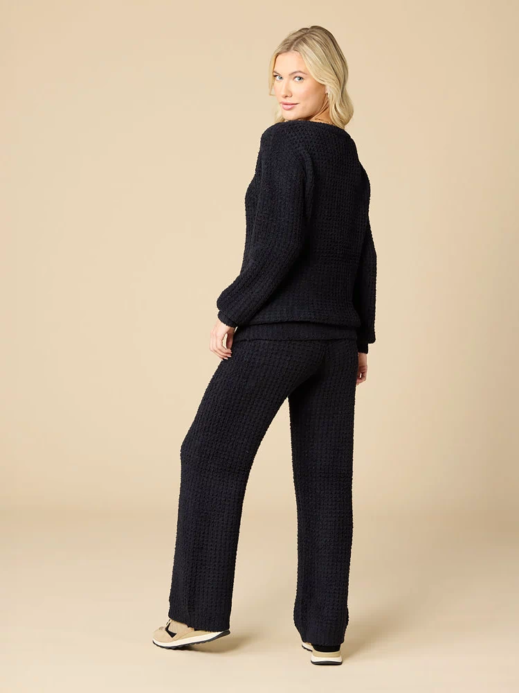 Waffle Marshmallow Boatneck Lounge Set in Black