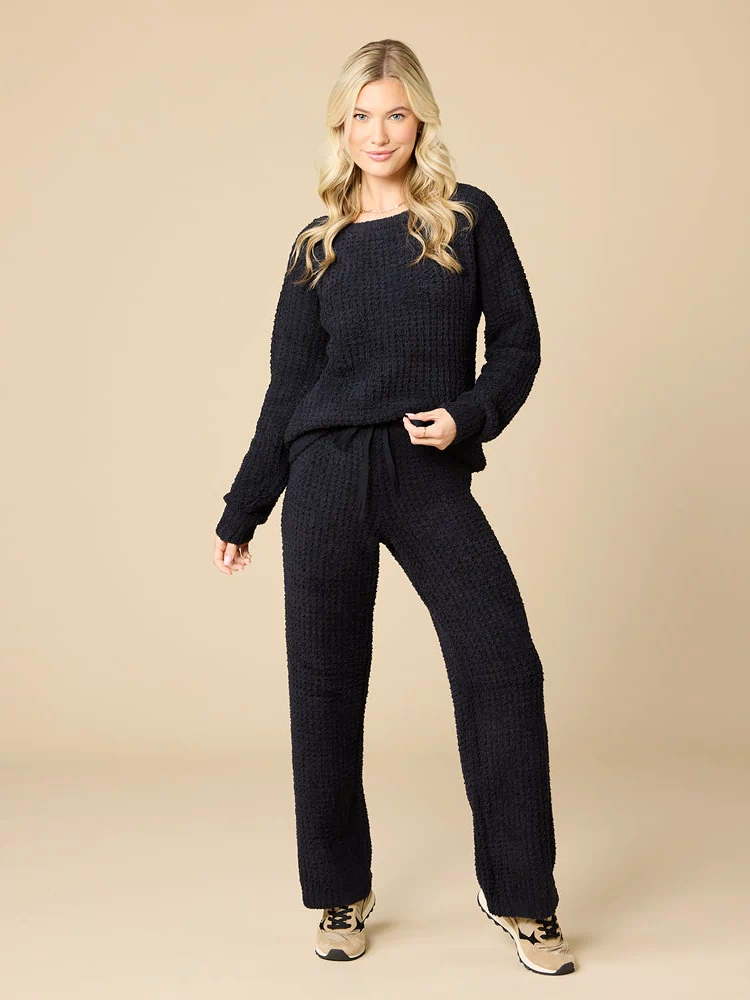 Waffle Marshmallow Boatneck Lounge Set in Black