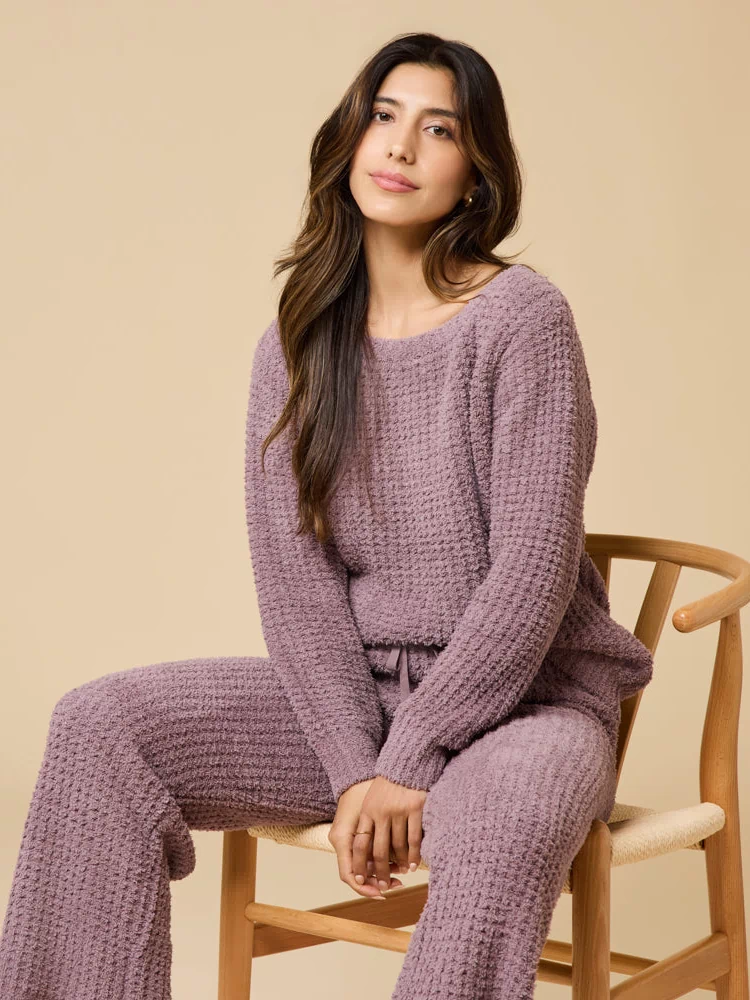 Waffle Marshmallow Boatneck Lounge Set in Driftwood
