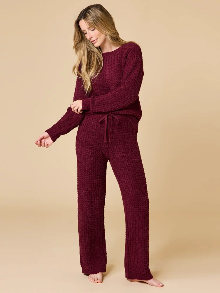 Waffle Marshmallow Boatneck Lounge Set in Cherry Cola