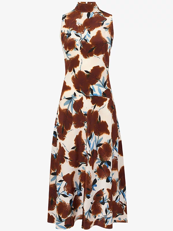 Floral patterned dress with brown and blue design on a white background | Exclude | Still