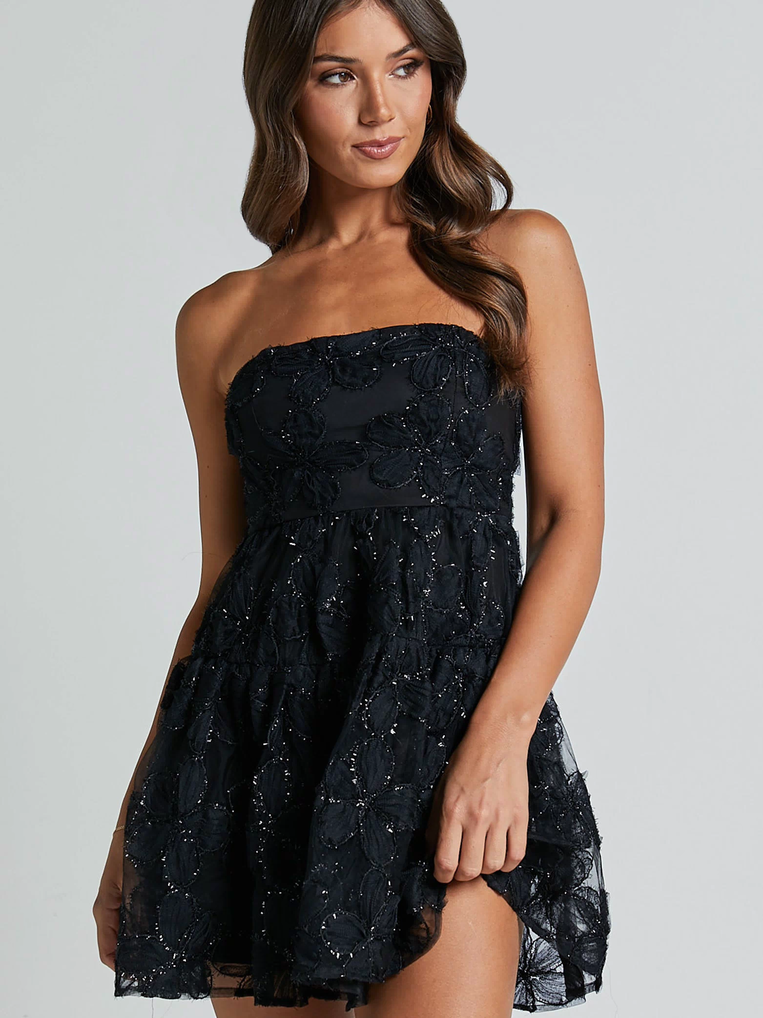 Marzy Mini Dress - Strapless Floral Detail Lace Fit and Flare Dress in Black