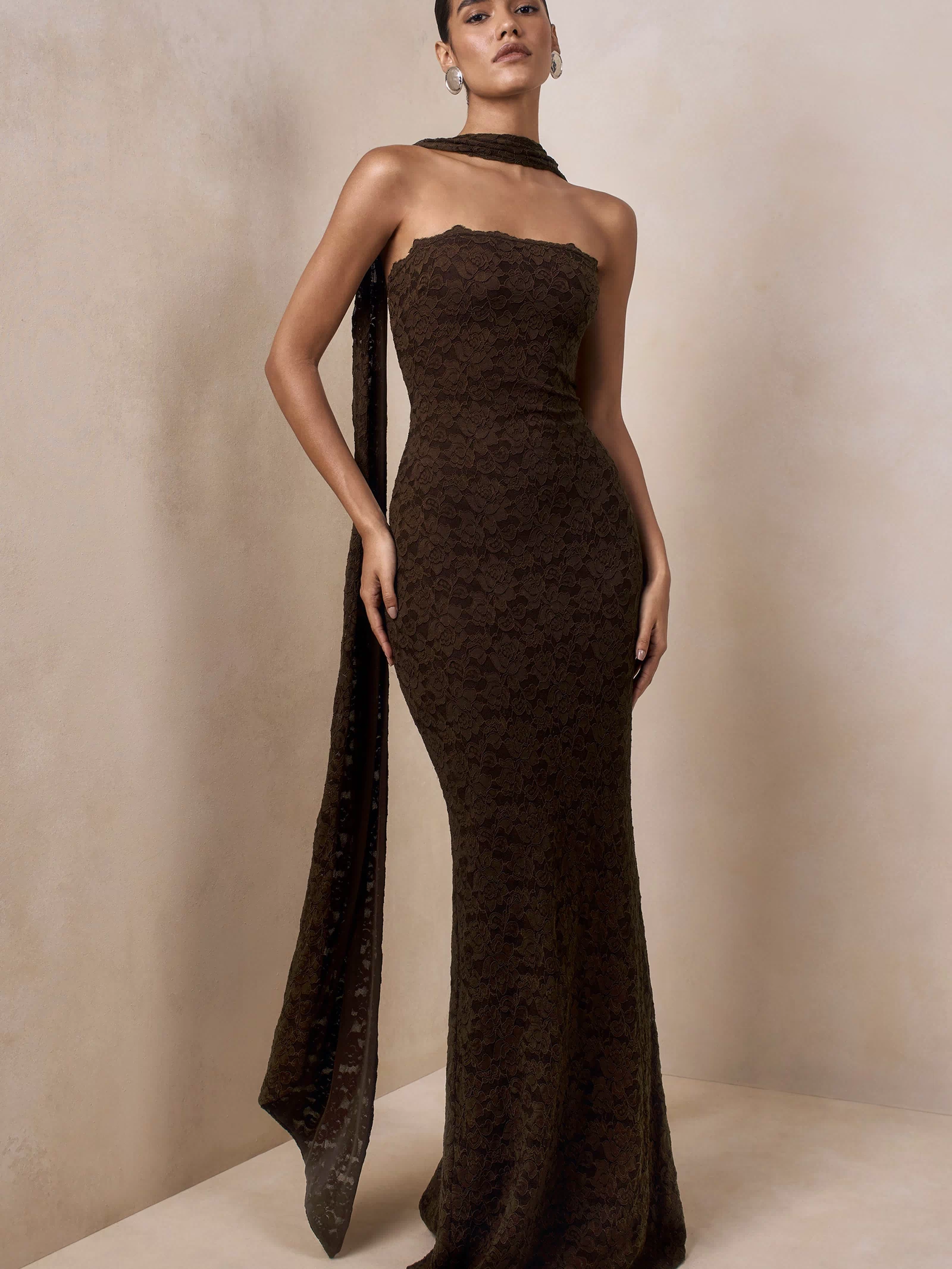 Massima | Brown Lace Bandeau Maxi Dress With Scarf Detail And Back Split