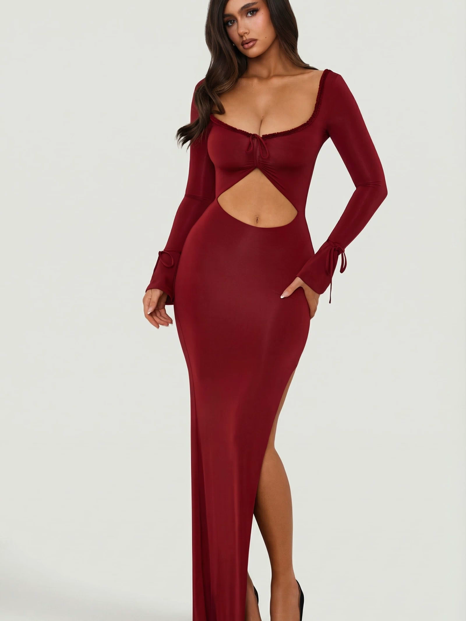 Ruffle-Trim Cut-Out Maxi Dress in Berry Red
