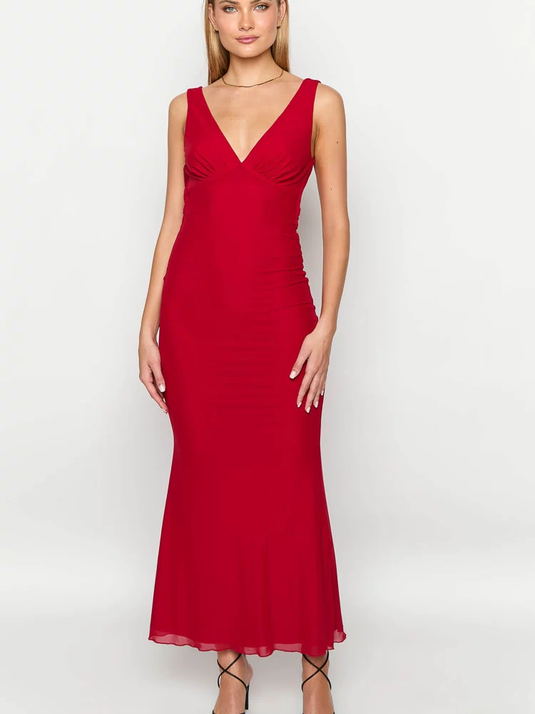 Front view of a red V-neck sleeveless maxi dress with a ruched bodice and flowy skirt